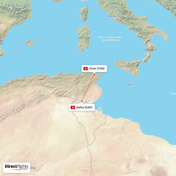 Gafsa - Tunis direct flight map