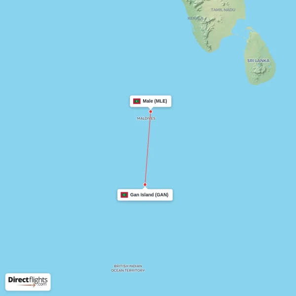 Gan Island - Male direct flight map