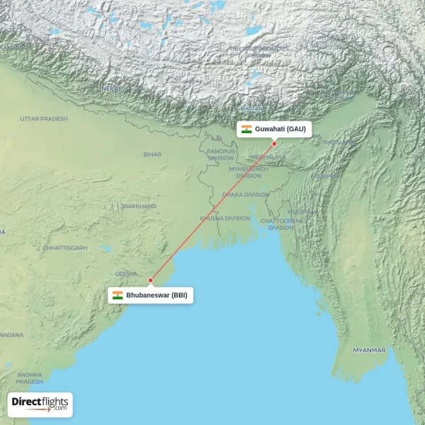 Guwahati - Bhubaneswar direct flight map