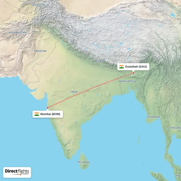 Guwahati - Mumbai direct flight map
