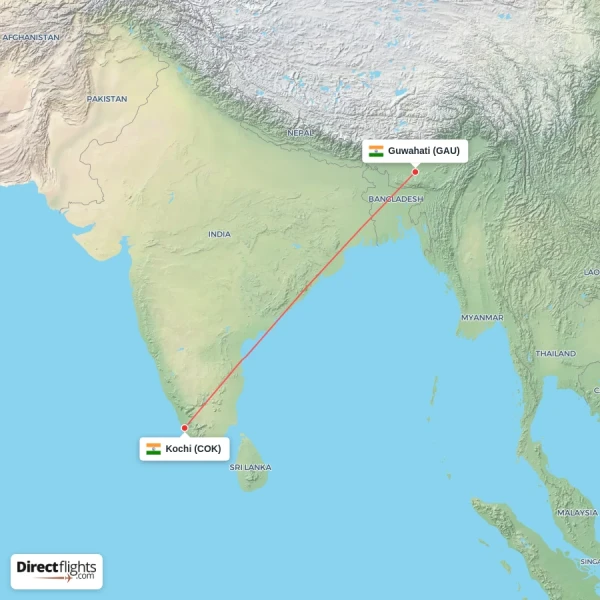 Guwahati - Kochi direct flight map