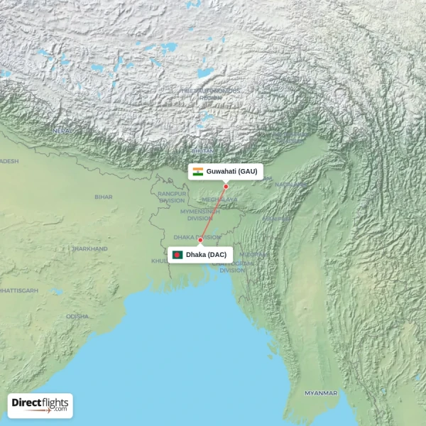 Guwahati - Dhaka direct flight map