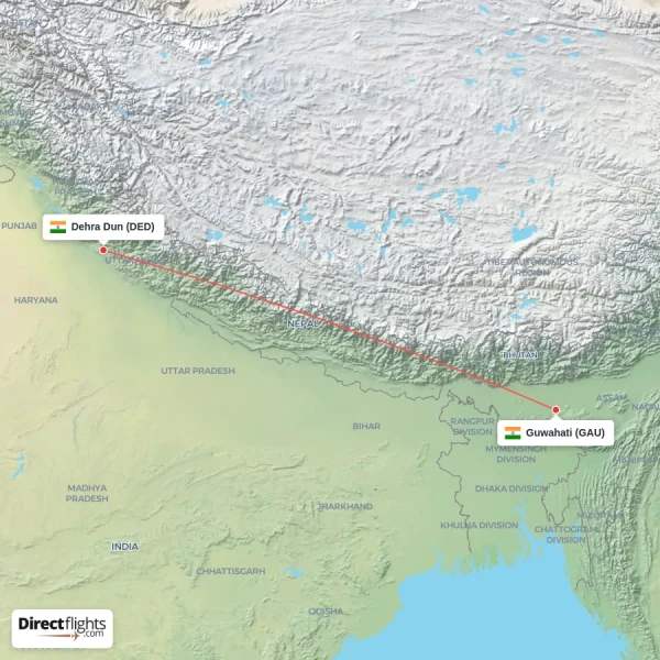 Guwahati - Dehra Dun direct flight map