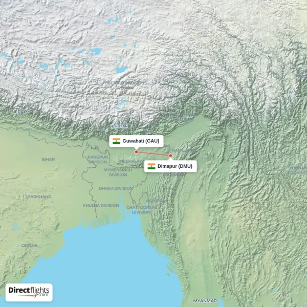 Guwahati - Dimapur direct flight map