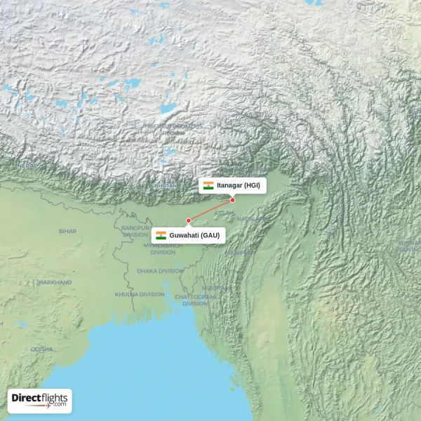 Guwahati - Itanagar direct flight map