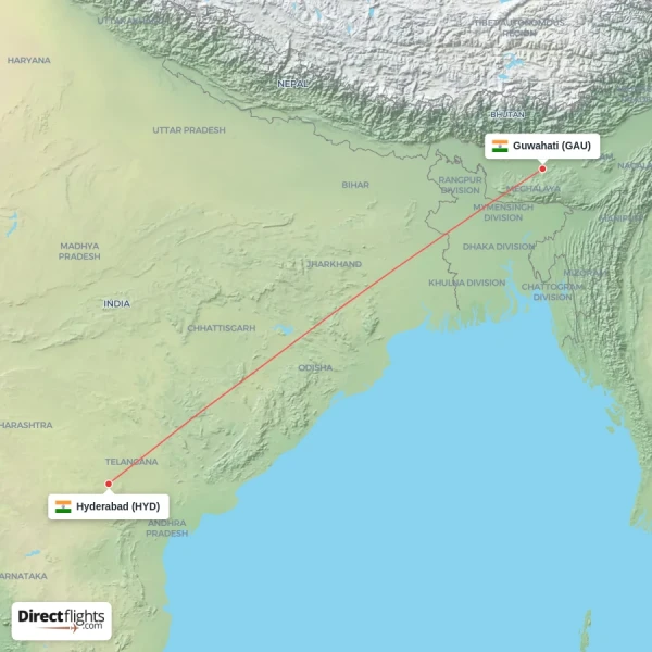 Guwahati - Hyderabad direct flight map