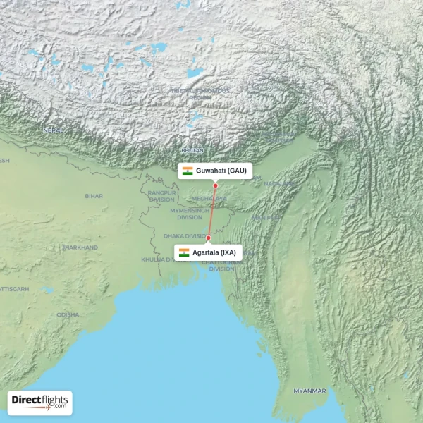 Guwahati - Agartala direct flight map