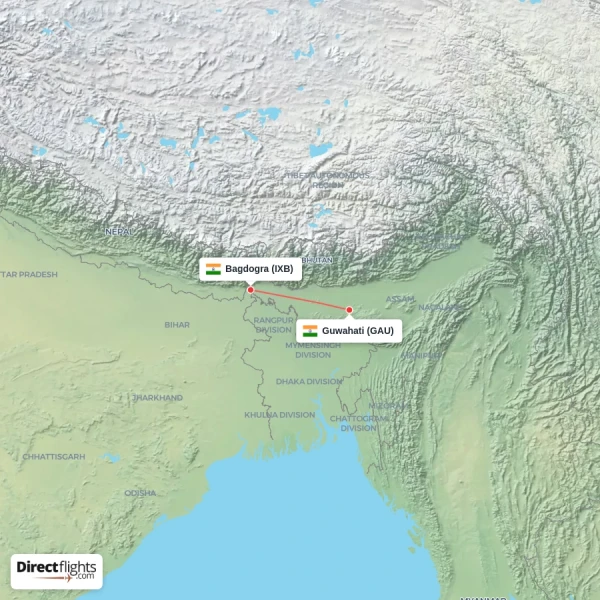 Guwahati - Bagdogra direct flight map