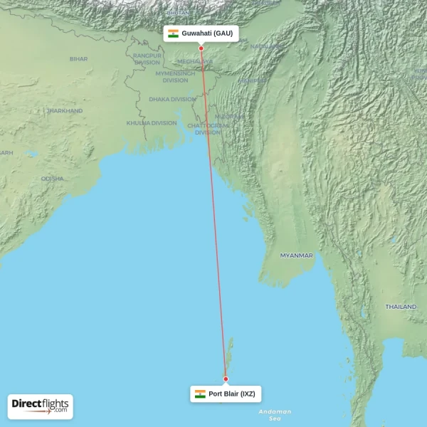 Guwahati - Port Blair direct flight map