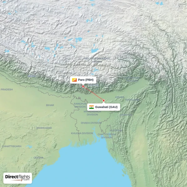 Guwahati - Paro direct flight map