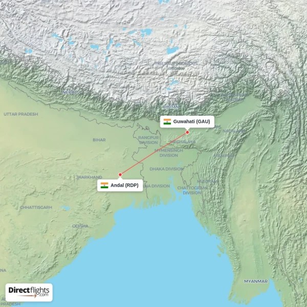 Guwahati - Andal direct flight map