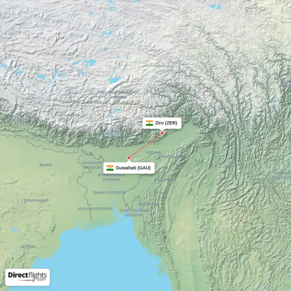 Guwahati - Ziro direct flight map