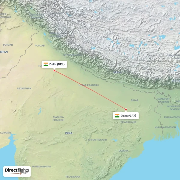 Gaya - Delhi direct flight map