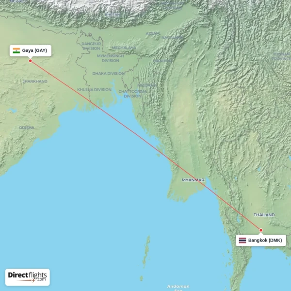 Gaya - Bangkok direct flight map