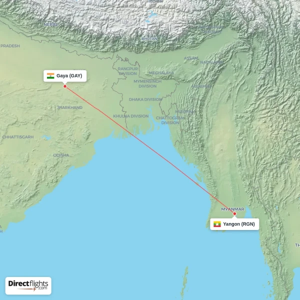 Gaya - Yangon direct flight map
