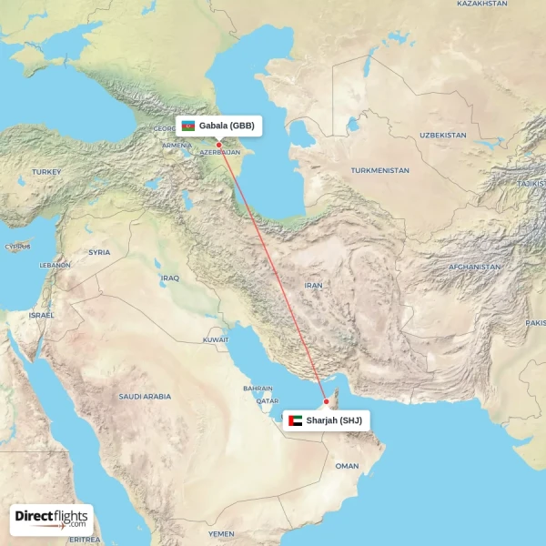 Gabala - Sharjah direct flight map