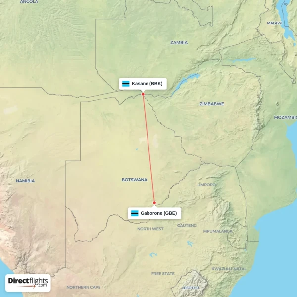 Gaborone - Kasane direct flight map