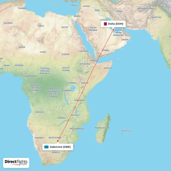 Gaborone - Doha direct flight map
