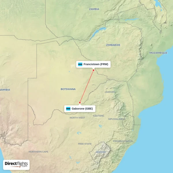 Gaborone - Francistown direct flight map