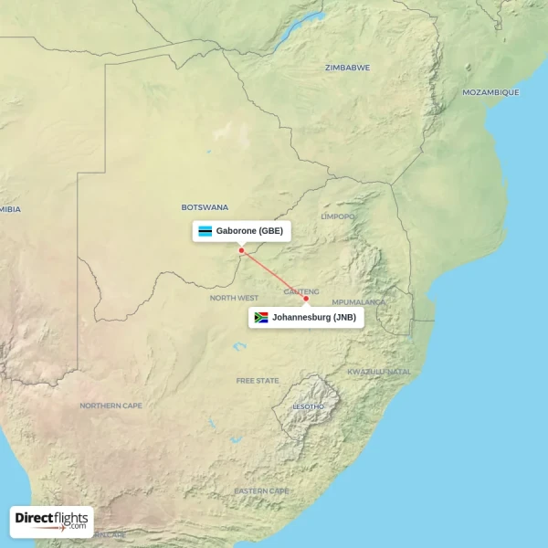 Gaborone - Johannesburg direct flight map