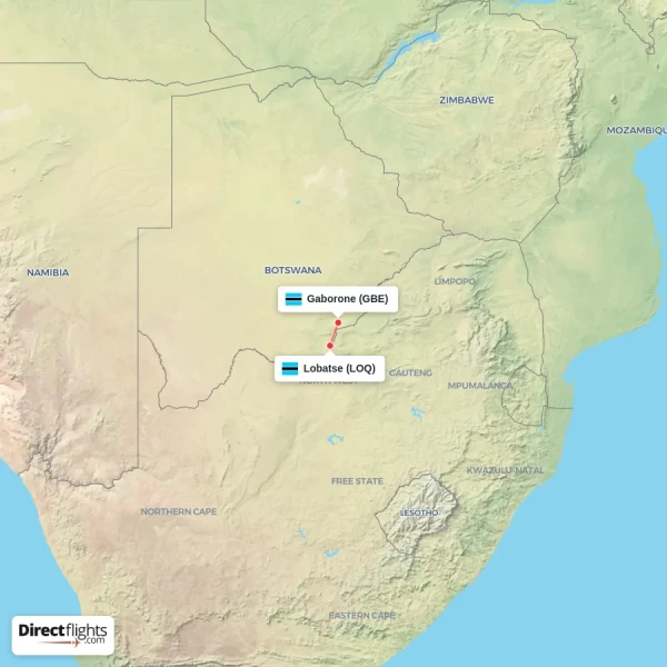 Gaborone - Lobatse direct flight map