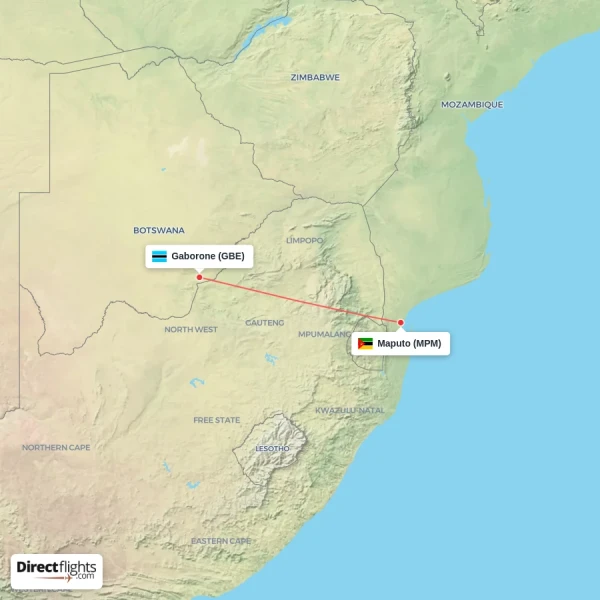 Gaborone - Maputo direct flight map