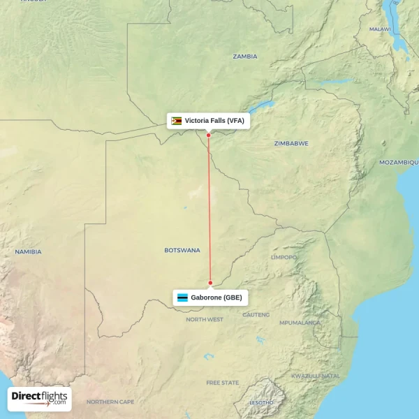 Gaborone - Victoria Falls direct flight map
