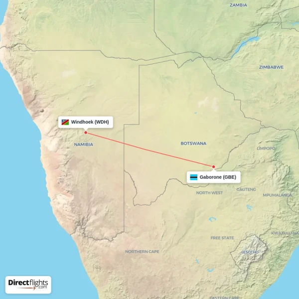 Gaborone - Windhoek direct flight map