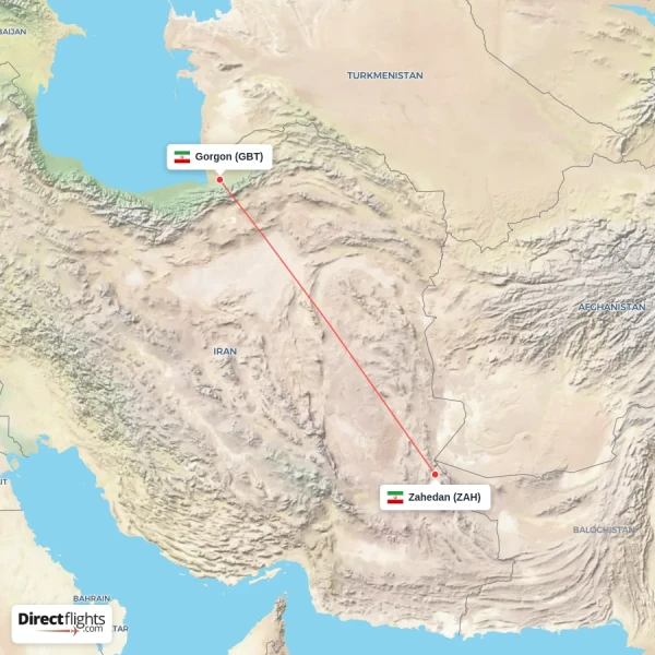 Gorgon - Zahedan direct flight map