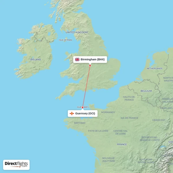 Guernsey - Birmingham direct flight map