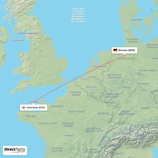Guernsey - Bremen direct flight map