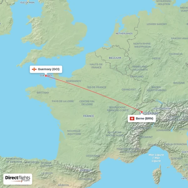 Guernsey - Berne direct flight map