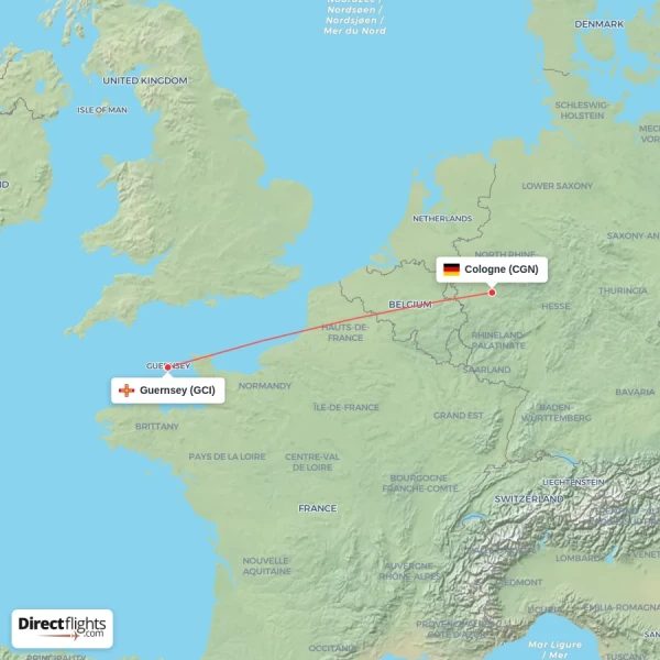 Guernsey - Cologne direct flight map