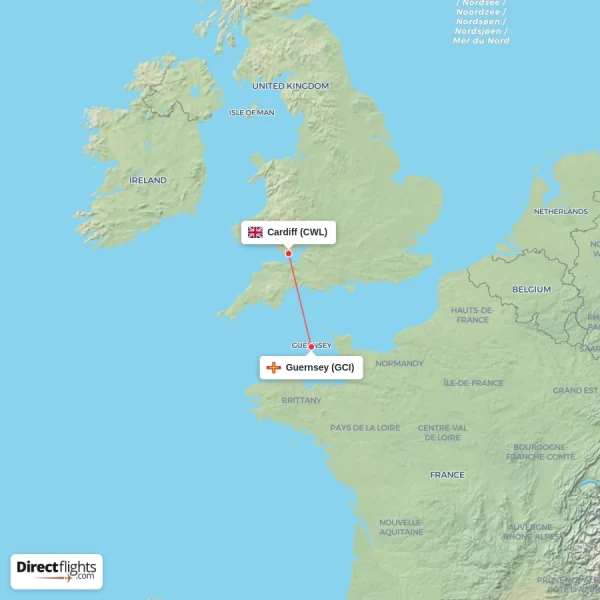 Guernsey - Cardiff direct flight map