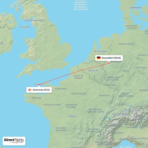 Guernsey - Dusseldorf direct flight map