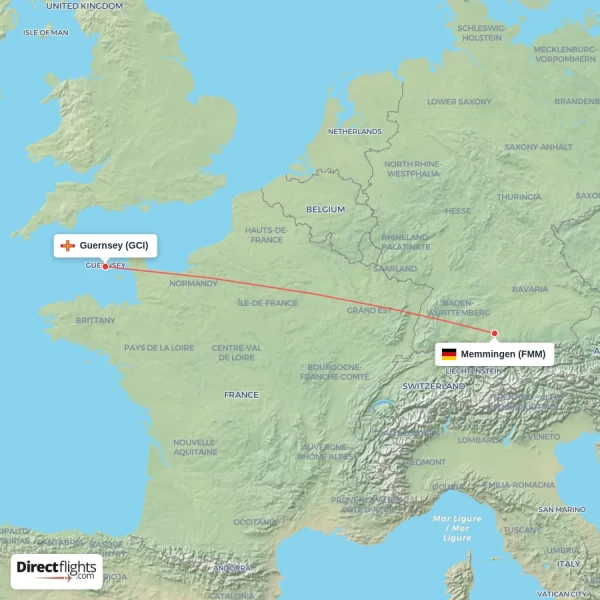Guernsey - Memmingen direct flight map
