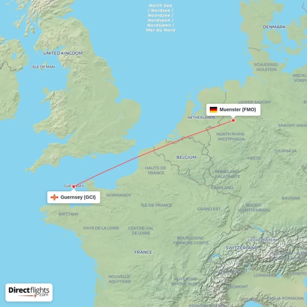 Guernsey - Muenster direct flight map