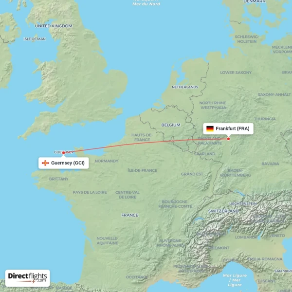 Guernsey - Frankfurt direct flight map