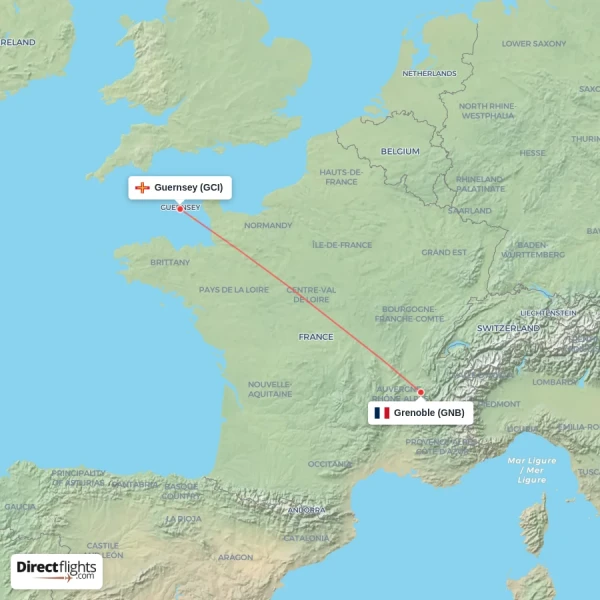 Guernsey - Grenoble direct flight map
