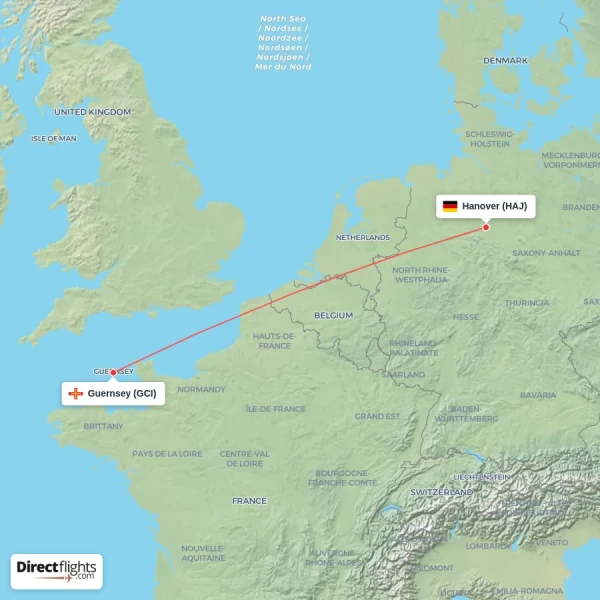 Guernsey - Hanover direct flight map