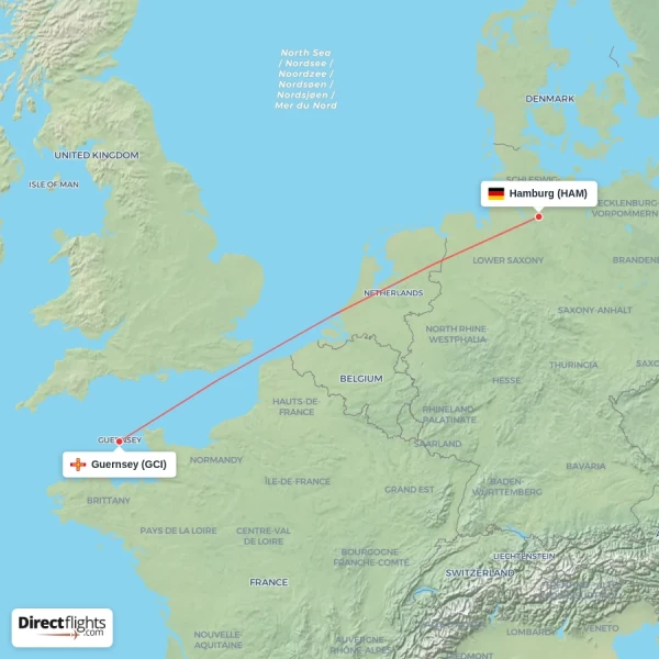 Guernsey - Hamburg direct flight map