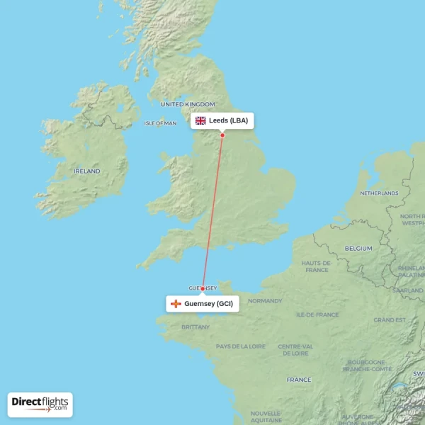 Guernsey - Leeds direct flight map