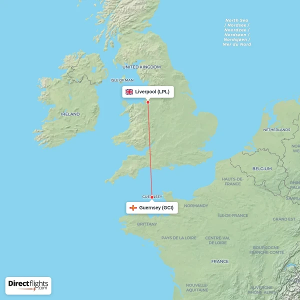 Guernsey - Liverpool direct flight map