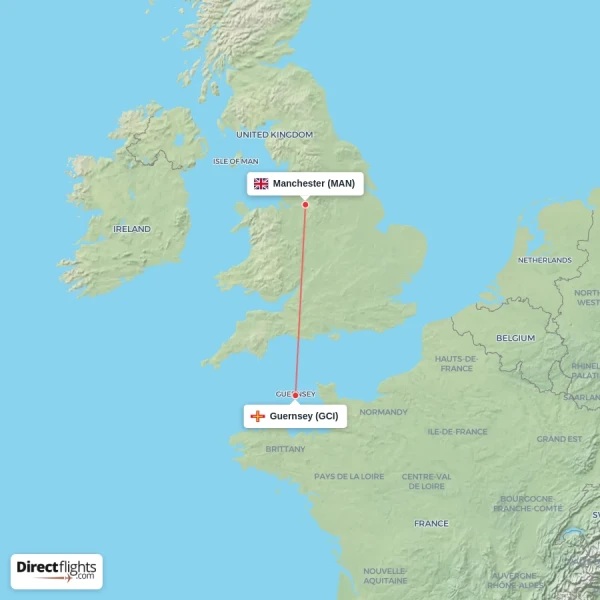 Guernsey - Manchester direct flight map