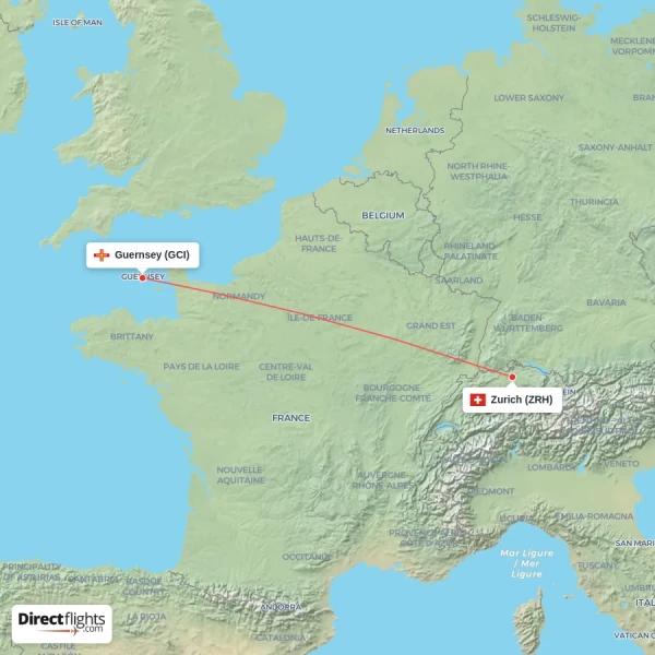 Guernsey - Zurich direct flight map