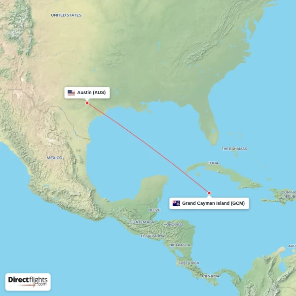 Grand Cayman Island - Austin direct flight map