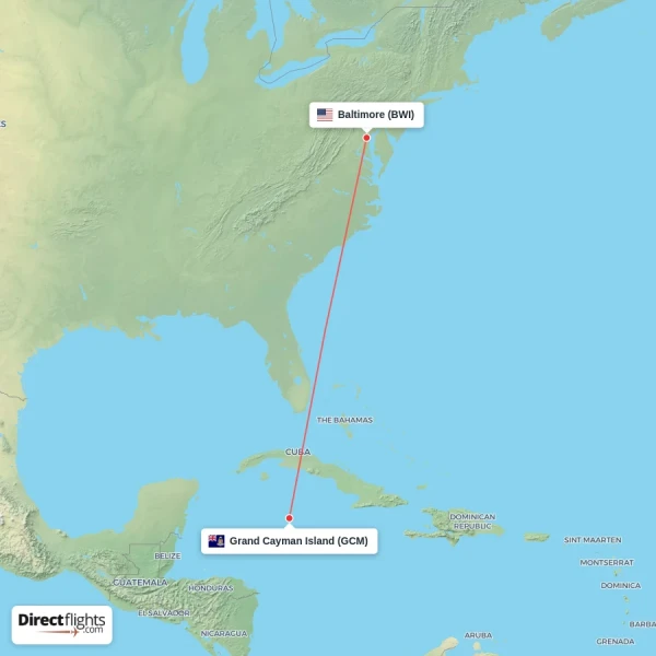 Grand Cayman Island - Baltimore direct flight map