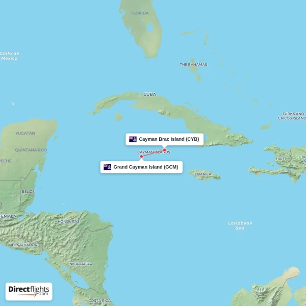 Grand Cayman Island - Cayman Brac Island direct flight map
