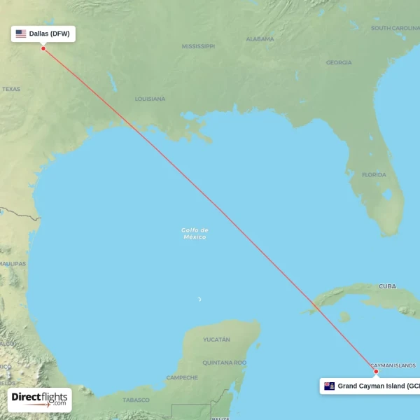 Grand Cayman Island - Dallas direct flight map