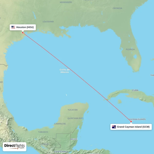 Grand Cayman Island - Houston direct flight map